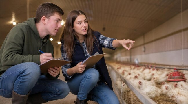 Young Farmers Inspecting Chicken Flock in Poultry House