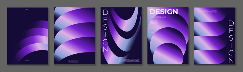 Plakat Abstract geometric poster templates set. Vector purple gradient backgrounds with curved shapes, waves and glowing forms for branding, covers, flyers and modern creative layouts