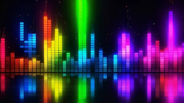 Neon rainbow music equalizer with glowing sound bars and reflections on dark digital background