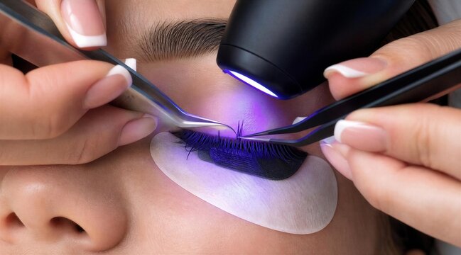 UV Lash Extension Application with Tweezers Closeup