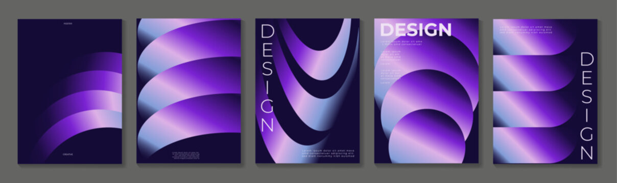 Abstract geometric poster templates set. Vector purple gradient backgrounds with curved shapes, waves and glowing forms for branding, covers, flyers and modern creative layouts