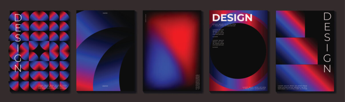 Abstract geometric poster templates set. Vector purple gradient backgrounds with curved shapes, waves and glowing forms for branding, covers, flyers and modern creative layouts