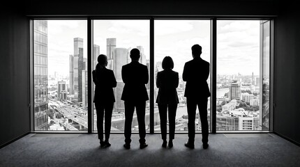 Fototapeta premium Silhouettes of business people looking out large windows at a city skyline black and white
