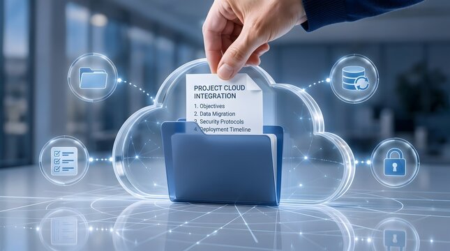 Businessman hand inserting project cloud integration plan into virtual glowing storage drive for enterprise data migration