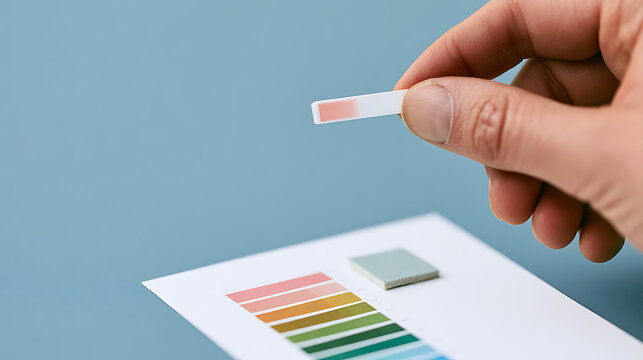 Person hold pH test strip over color chart scale on blue background, chemical paper indicator analysis for acidity check medical concept