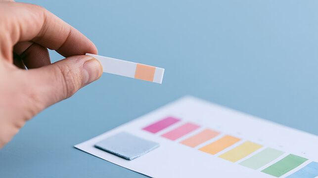 Close up of hand holding a ph test strip above a color scale chart against a clean blue background in a laboratory scientific environment
