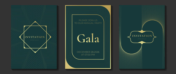 Naklejka premium Luxury invitation templates set. Vector dark green and gold elegant frames with geometric lines and ornamental borders for gala events, wedding cards, formal parties and premium stationery