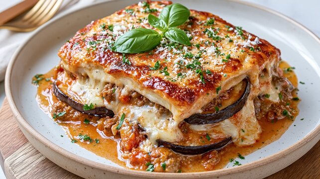 Part de moussaka grecque gratin&eacute;e servie dans une assiette avec basilic frais