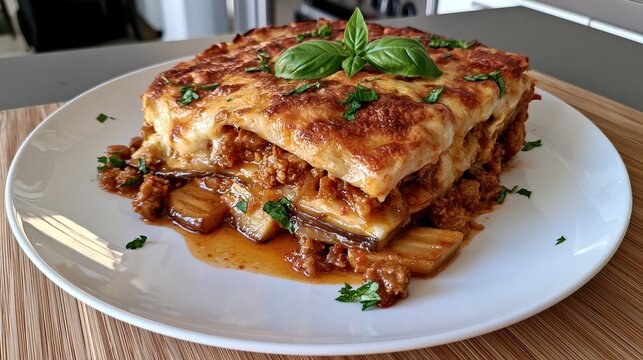 Part de moussaka gratin&eacute;e au fromage garnie de basilic frais dans une assiette blanche