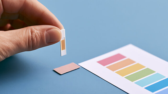 Close-up of a person holding a chemical test strip above a color comparison chart on a blue background, symbolizing health and medical diagno