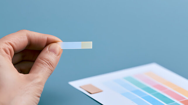 A person hand hold a paper chemical test strip above a color chart on a blue background in a laboratory environment for health analysis