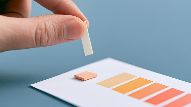 Close-up of a person hand hold test strip over color chart scale for pool water analysis, pH level check, chemical test kit on blue background