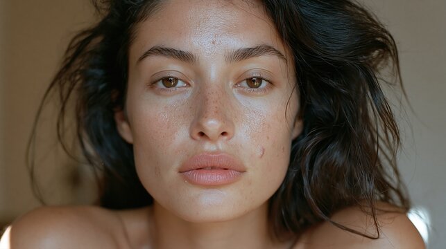 Portrait rapproch&eacute; d'une femme au visage naturel et &agrave; la peau textur&eacute;e