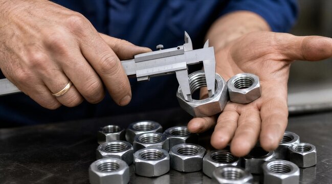 Mechanic Measuring Steel Hex Nut with Caliper in Workshop