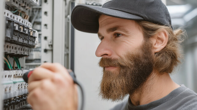 Professional electrician inspecting an electrical control panel with a screwdriver, representing electrical installation, maintenance, engineering, repair and industrial safety.