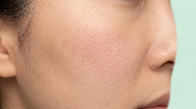 Closed comedones bumpy skin texture and congested pores on cheek