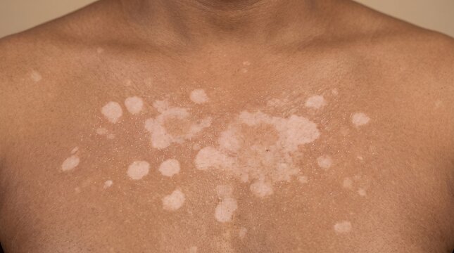 Extensive tinea versicolor fungal infection or vitiligo hypopigmentation patches on the chest of a dark-skinned patient.
