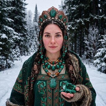 Portrait of Slavic Woman in Traditional Winter Attire with Malachite Gemstone Crown and Necklace