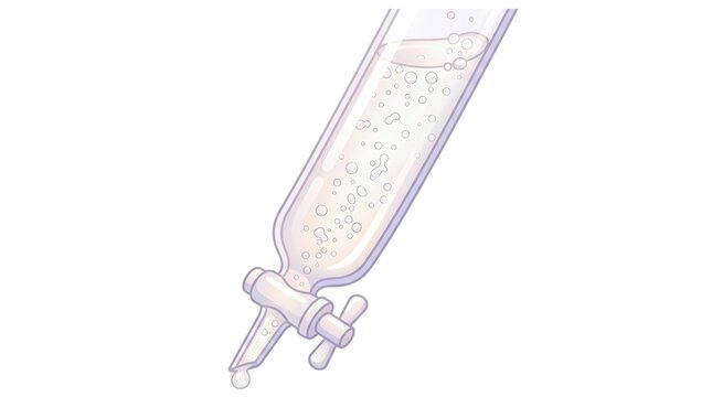 Glass burette laboratory glassware with liquid and bubbles