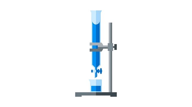 Professional laboratory burette with blue liquid on a metal stand