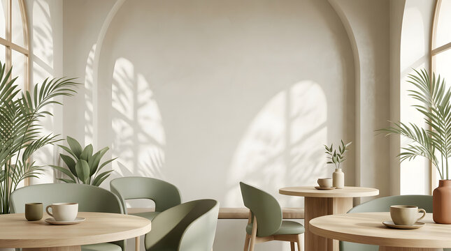 Cozy Cafe Interior with Wooden Tables and Green Chairs in Natural Sunlight