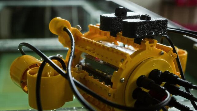 Yellow underwater robot submerging into water tank during laboratory testing. Perfect for promotional videos on marine technology, robotics engineering, and scientific research