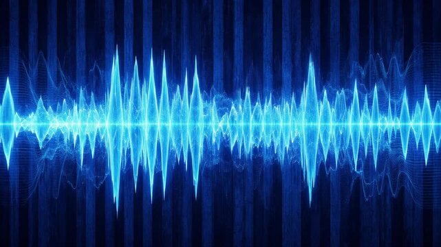 Digital audio waveform visualization with vibrant blue sound wave patterns against a dark background, representing sound frequency and amplitude in a digital format