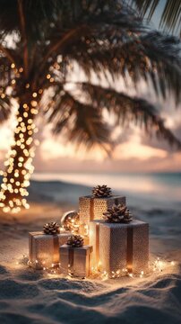 christmas holiday gift on tropical beach vacation vertical video