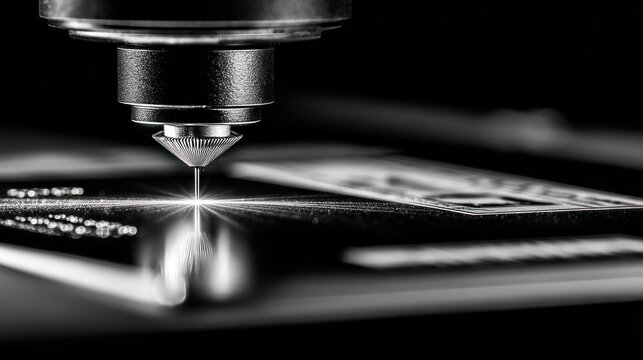 Close up of a precision machine cutting a surface with focused light