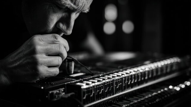 Man working on electronic instrument with keys in grayscale close up view