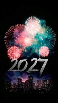happy new year 2027 firework in the city vertical video