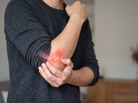 Man holding elbow experiencing pain and inflammation.