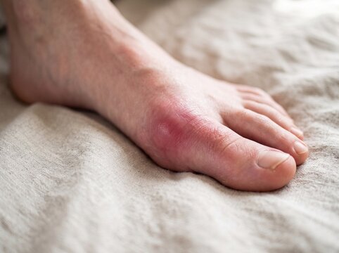 Close-up of a swollen red foot with inflammation near the big toe joint.