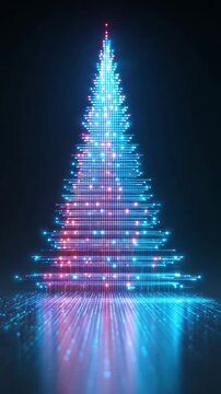 colorful digital glowing christmas tree in neon colors vertical video