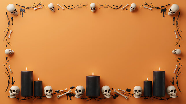 Skeletal remains and candles arranged on an orange background skeletons skulls bones
