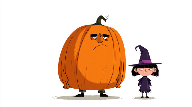 Pumpkin costume halloween witch cartoon character illustration grumpy pumpkin costume and small witch character standing together white background