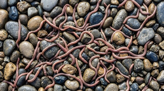 Earthworms crawling on wet rocks
