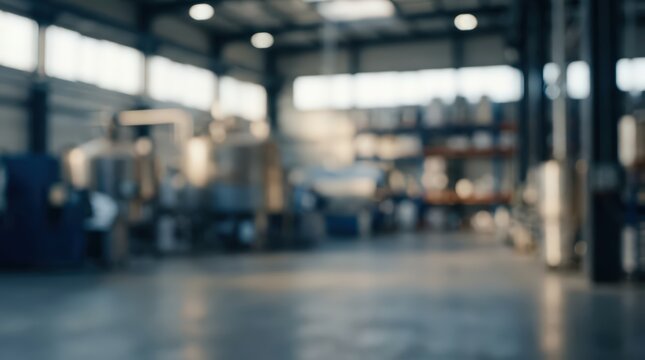 Blurred industrial warehouse interior featuring metallic machinery and storage racks. Soft focus background provides ample negative space for professional business presentations.