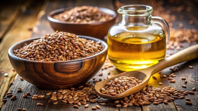 Flaxseeds in a spoon and bowl with a bottle of flaxseed oil and flaxseed flour