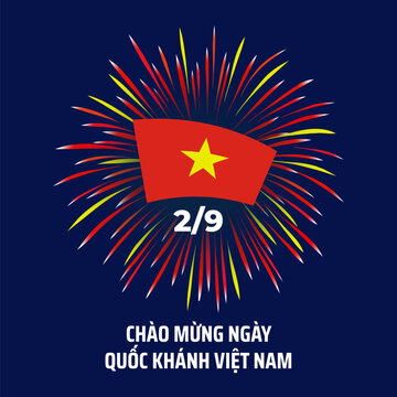 September 2, vietnam independence day, vietnamese fireworks flag on blue night sky. National holiday. Greeting card. Vector illustration. Translation September 2nd Independence Day Vietnam