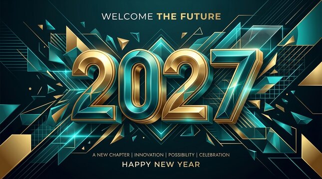 A vibrant digital artwork featuring bold metallic numerals 2027 surrounded by dynamic geometric shards and glowing teal accents, celebrating the arrival of a new era with futuristic energy