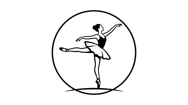 Elegant black and white line art illustration of a ballerina performing an arabesque in a circular frame, showcasing grace and classical dance.