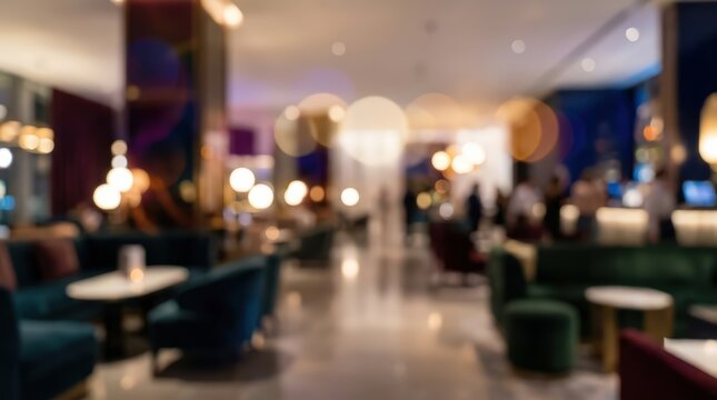 Blurred hotel lobby lounge area featuring soft ambient lighting and plush seating arrangements. The out of focus interior creates a warm atmosphere for hospitality design backgrounds.