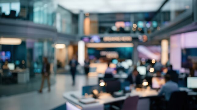 Blurred office interior with busy professionals working at desks in a large open plan workspace. Soft focus background captures the dynamic atmosphere of a corporate environment.