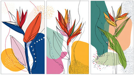 Fototapeta premium Bird of paradise tropical flower floral illustration botanical art abstract background modern wall art, colorful triptych floral illustration with
