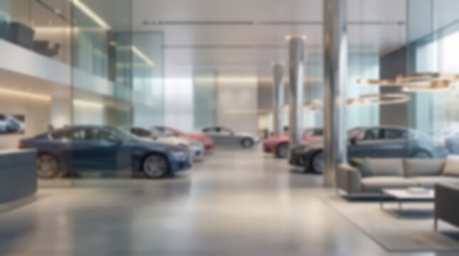 Luxury car dealership showroom interior with multiple vehicles on display. Soft focus background featuring modern architecture, glass walls, and lounge furniture for customers.