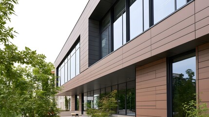 Fototapeta premium Modern building with large glass and brown panel cladding surrounded by green trees under overcast sky