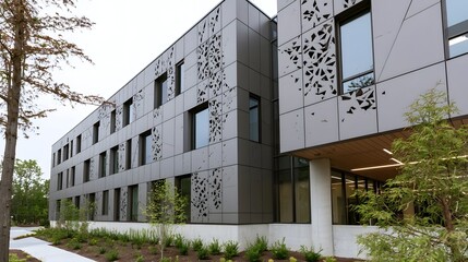 Fototapeta premium Modern building with patterned metal panels and large surrounded by trees and landscaped grounds