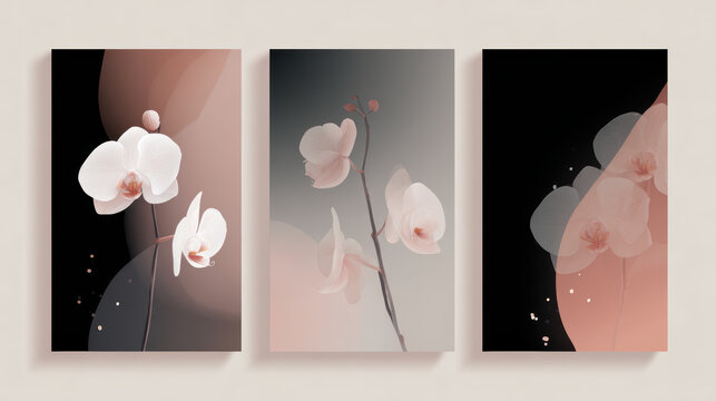 Triptych orchid flower wall art minimalist floral poster pastel abstract background modern home decor botanical print elegant design with soft