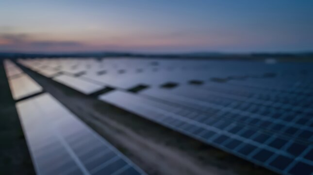 Solar panels arranged in rows across a large field at twilight. The blurred perspective emphasizes the vast scale of renewable energy infrastructure under a soft evening sky.